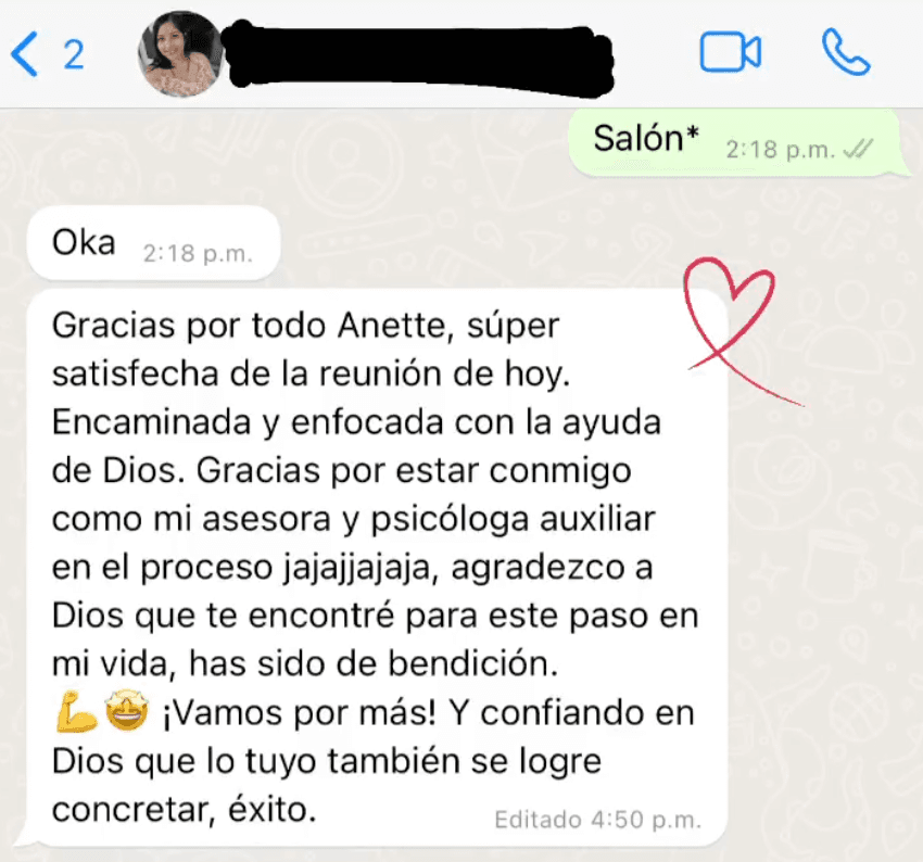 Mensaje de una clienta agradeciendo después de su reunión