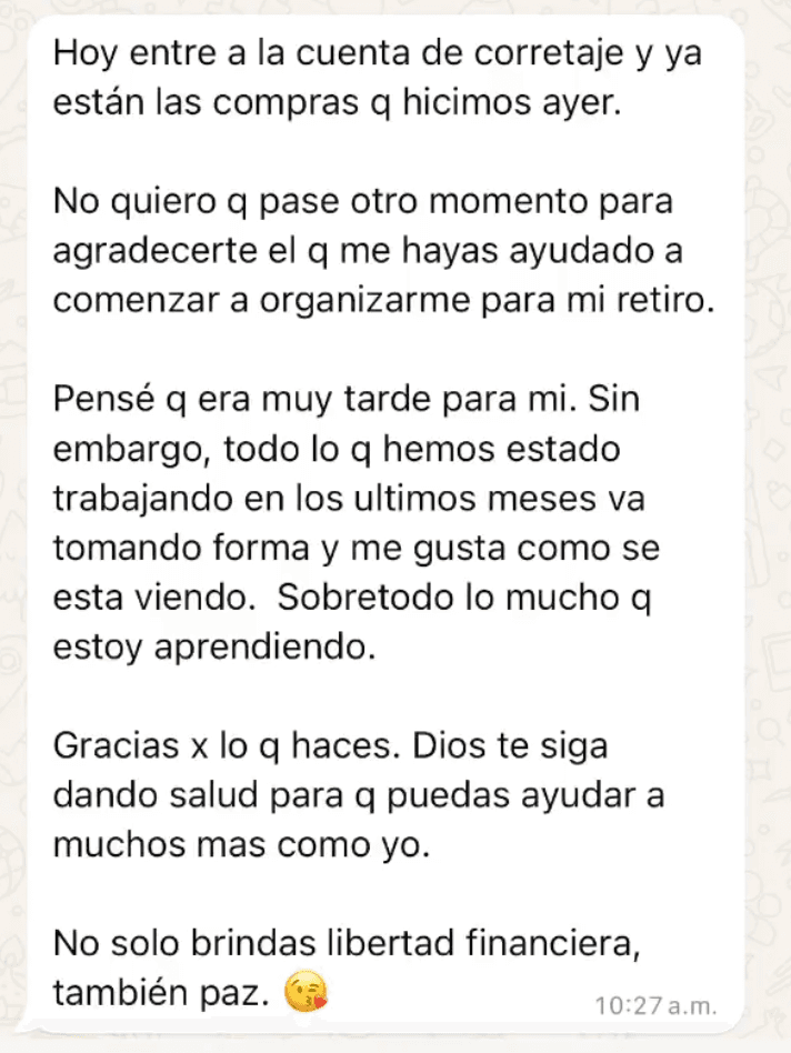 Mensaje de un cliente agradeciendo la ayuda para organizar su retiro