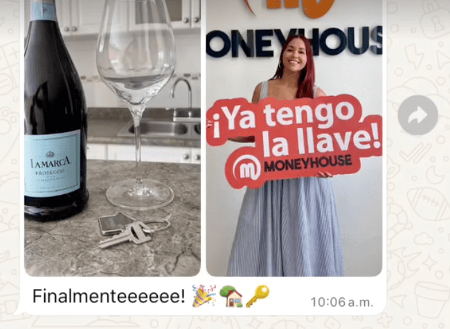 Mensaje de una clienta celebrando que recibió las llaves de su casa