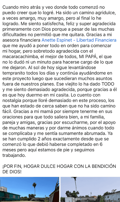 Publicación de una clienta contando que terminó de construir su casa
